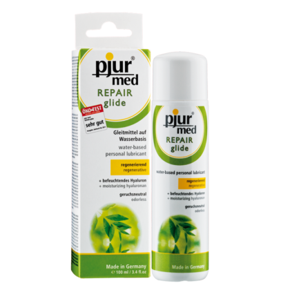 pjur®med REPAIR Glide ist ein wasserbasiertes Intimgleitmittel mit regenerativer Hyaluronsäure für trockene und beanspruchte Vaginalschleimhaut. Hyaluron hat die Fähigkeit