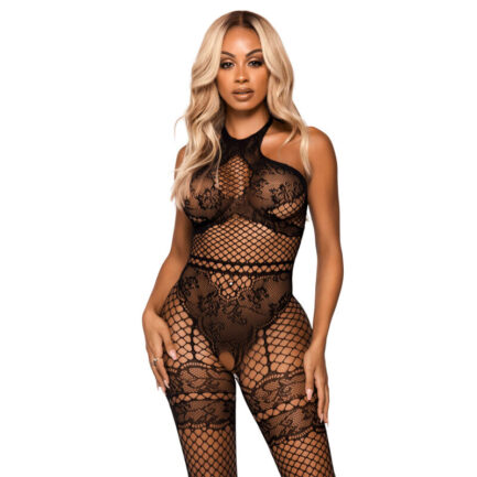 Neckholder-Bodystocking aus nahtlosem Industrienetz mit Dessous-Details aus Kunstspitze von der renommierten Dessous-Marke Leg Avenue. Steigern Sie Ihre Weiblichkeit und erhalten Sie ein exklusives Stück verführerischer Sinnlichkeit und Eleganz. Eigenschaften: Zusammensetzung: 94 % Nylon