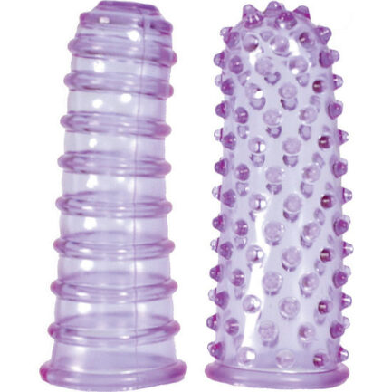 Set bestehend aus zwei Fingerhüllen in violetter Farbe mit einer Oberfläche voller Stimulationspunkte