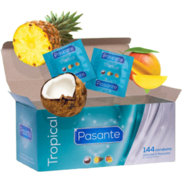 Pasante Tropical-Kondome bieten drei exotische Geschmacksrichtungen; Mango (orange)